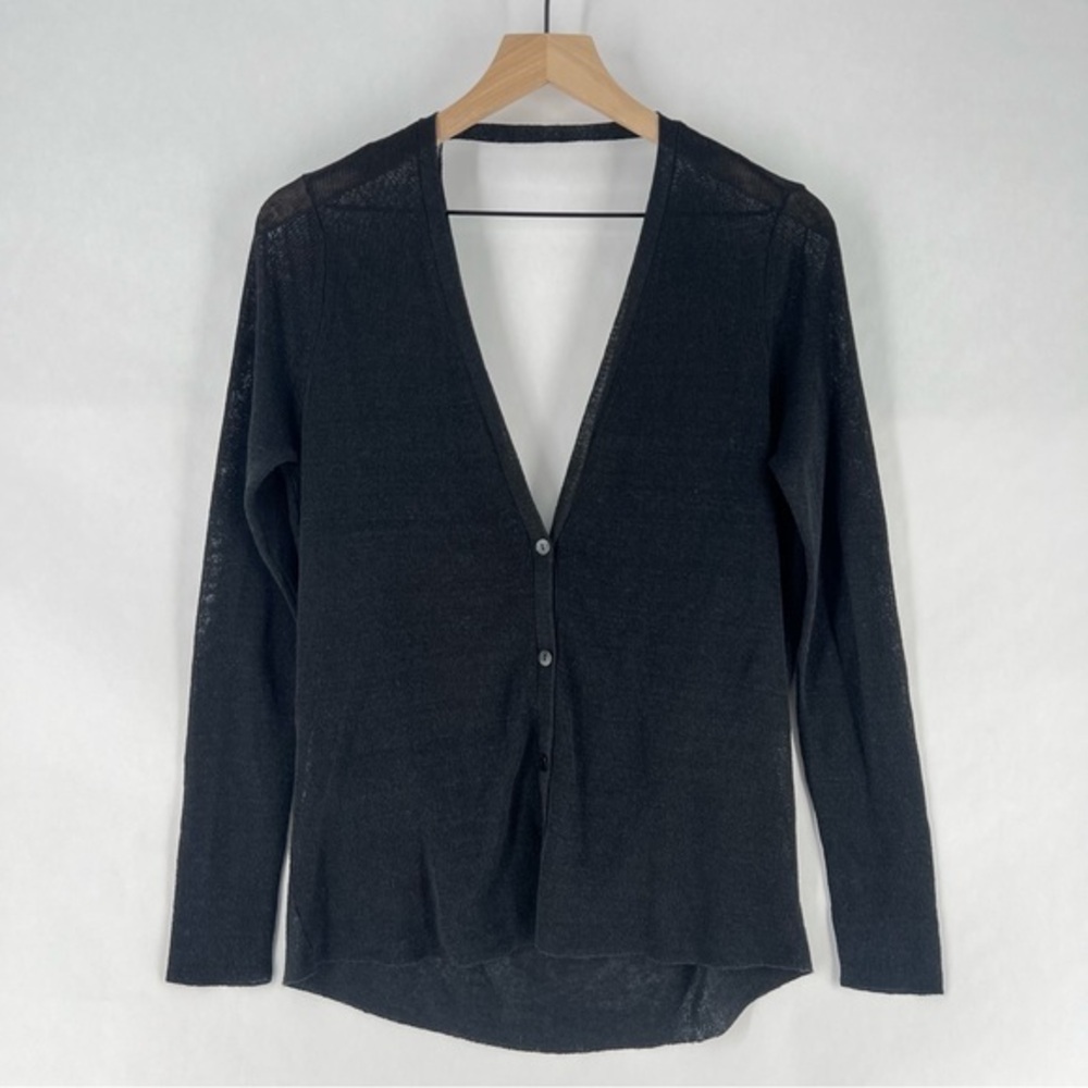 Eileen Fisher Black Linen Blend V Neck Draped Open Back Cardigan Long Sleeve